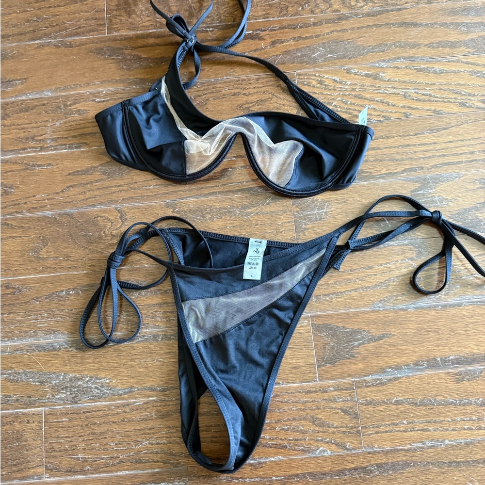 God Save Queens Black Bikini Set with Sheer Panels